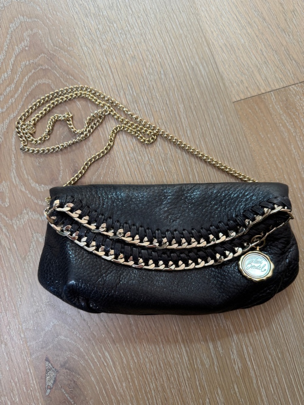 henri bendel Black Leather Clutch with Gold Chain Trim